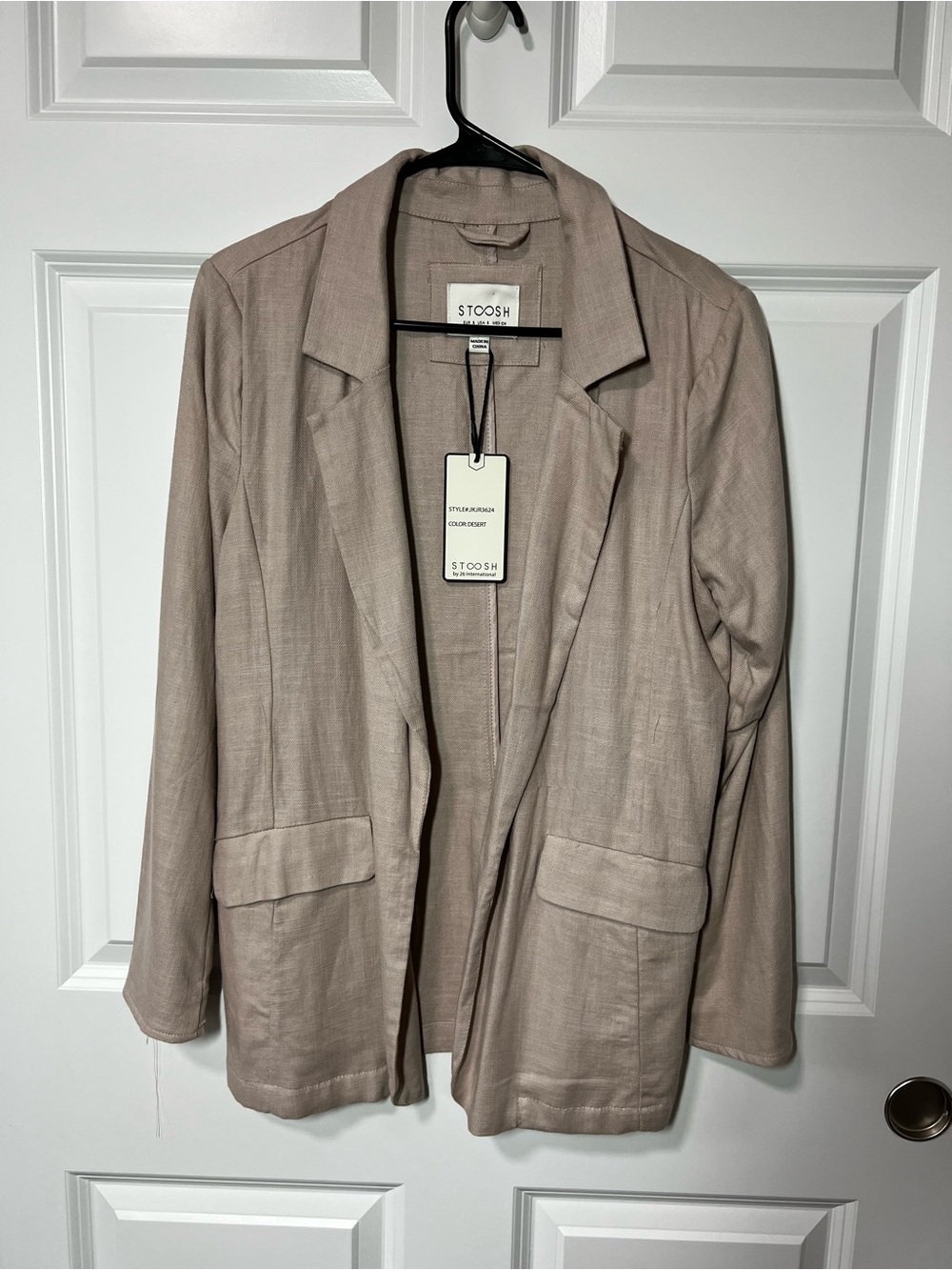 NWT Stoosh Linen Blend Open Front Blazer Jacket Pockets White Natural Size Small